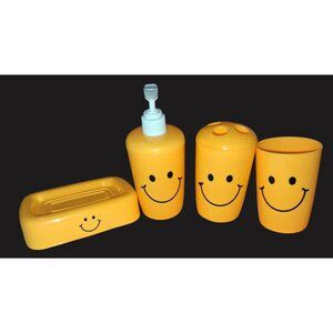4 pc Smiley Face Yellow Plastic Bathroom Set Soap Dish Pump Dispenser Toothbrush